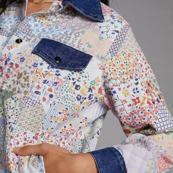 Carleen Floral Blue Motif Denim Trucker Jacket 4 pockets - Picture 4 of 6